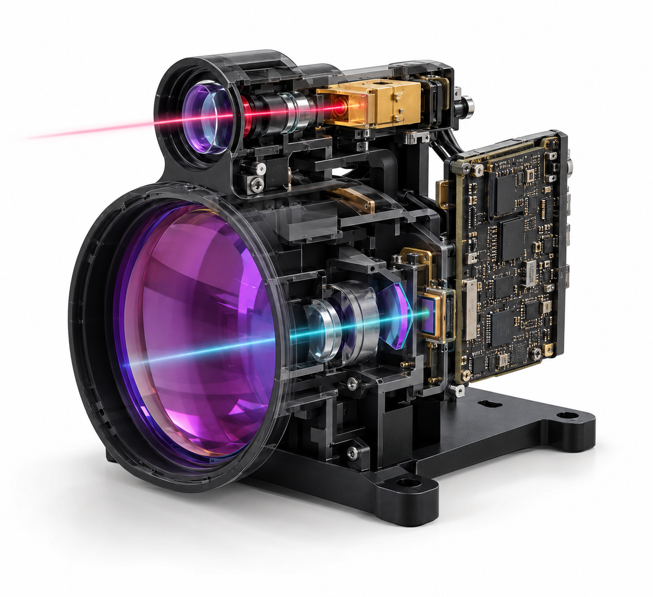 Teaching cutaway of a 1535 nm laser rangefinder showing the transmitter, transmit optics, receiver lens, narrow-band filter, APD, analog front end, timing board and mechanical enclosure