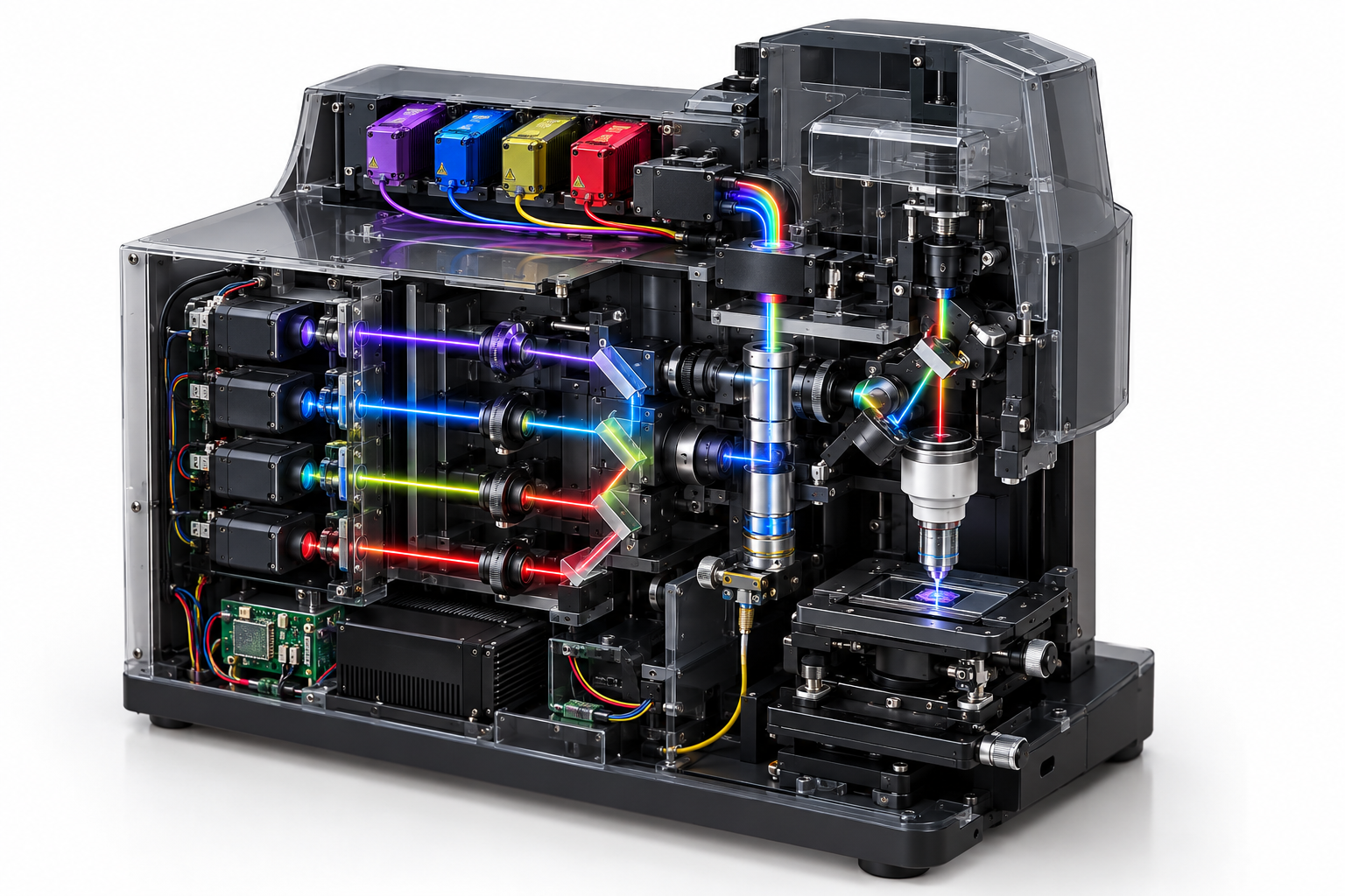 Teaching cutaway of a confocal microscope with four exposed excitation lines, a wavelength combiner, scanning optics, an objective, a sample stage and a multi-channel detector path