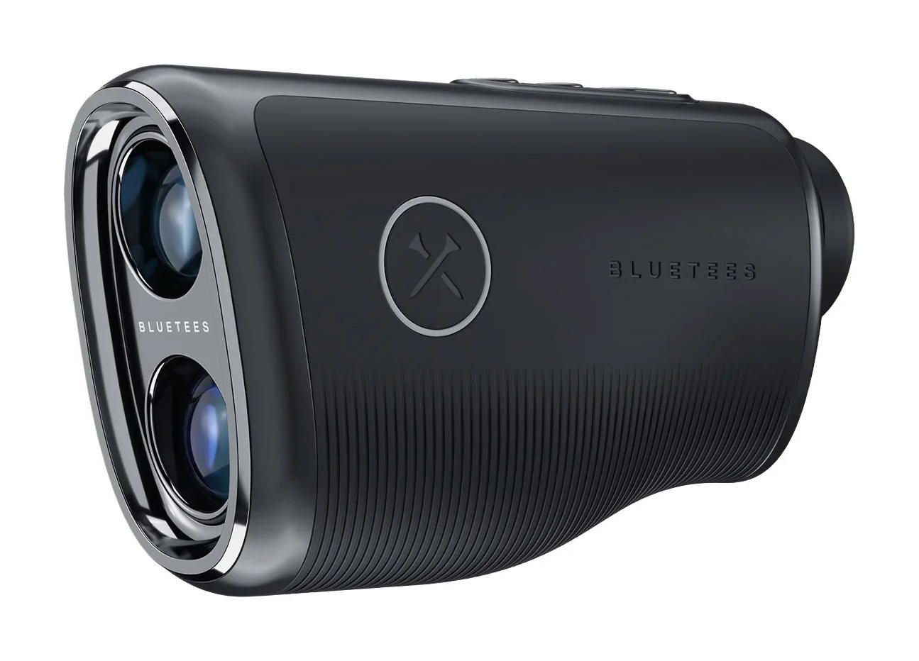 A handheld golf laser rangefinder, three-quarter view: two apertures at the front left, the ocular at the right, a control ridge along the top