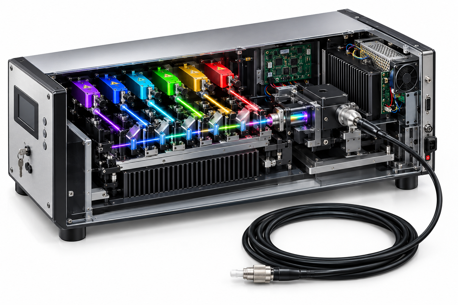 ⁦Teaching cutaway of a fibre-coupled optogenetics laser: laser sources, combining and modulation optics, driver electronics, fibre output, implantable ferrule and thermal enclosure⁩