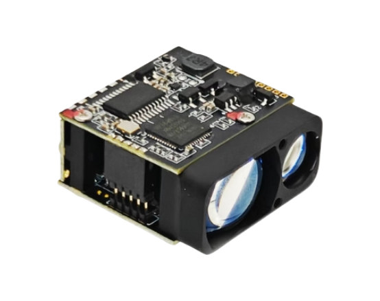 A 905 nm laser rangefinder module: two optical windows on the front face and the driver board on top