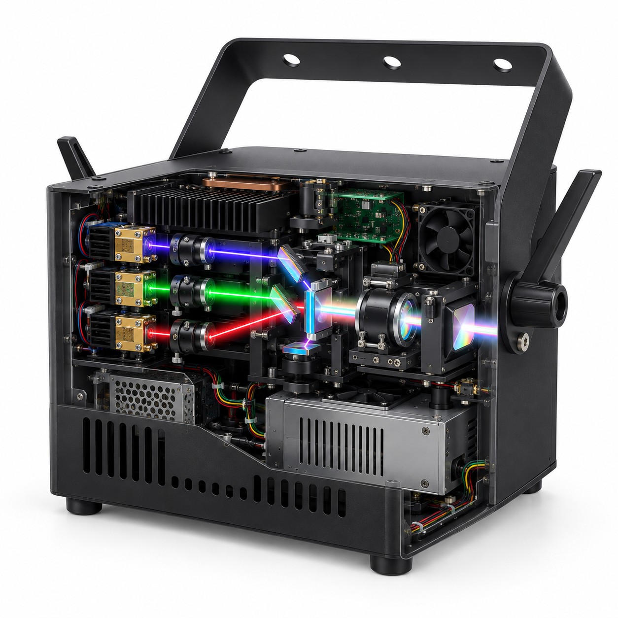A teaching cutaway of an RGB stage laser: three laser banks on the left, their collimating barrels, the dichroic combiner at the centre, the scanner and output optics on the right, the driver board and power supply below, all inside a vented case with a U-shaped mounting bracket