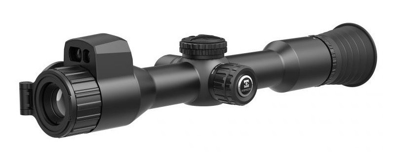 A laser rangefinding scope: objective on the left, eyepiece on the right, two windows on the bay above the objective, turret housing in the middle